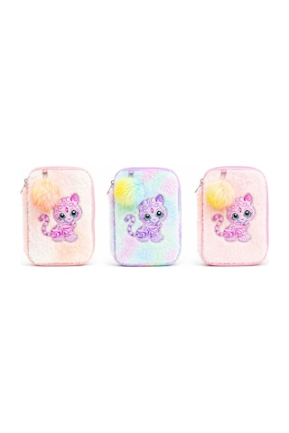 Dream Vest Peluş Kedili Çift Gözlü Kalem Çantası Somon Çok Renkli