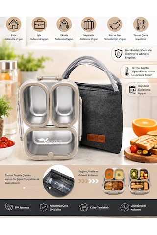 Valkyrie 304 Paslanmaz Çelik 3 Bölmeli Lunch Box Termal Çantalı Sızdırmaz Kapaklı Beslenme Kabı Açık Kahve