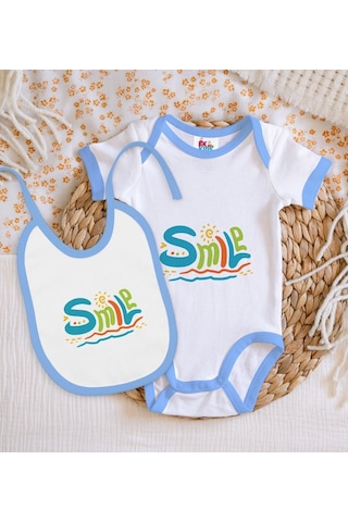 Bk Kids Smile Tasarımlı Mavi Bebek Body Zıbın Ve Mama Önlüğü Hedi Çok Renkli