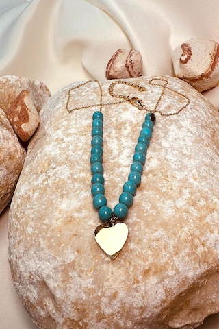 Turkuaz Doğal Taşlı Kalp Tasarım Gold Altın Renk Kadın Paslanmaz Çelik Zincir Kolye