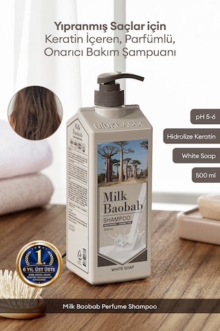 Yıpranmış Saçı Onaran Parfümlü Keratinli Şampuan Mılk Baobab Perfume Shampoo White Soap Tüm Saç Tipleri