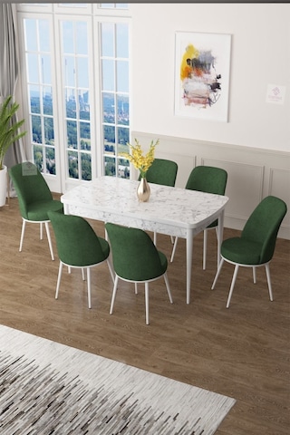 Canisa Concept Zen Serisi 80x132 Mdf Açılabilir Beyaz Mermer Desen Masa Takımı Ve 6 Haki Yeşil Sandalye Masa Beyaz/sandalyeler Haki Yeşili
