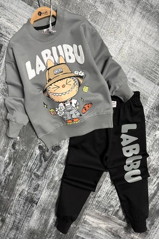 Labubu Desenli Erkek Çocuk Gri Renk Eşofman Takım Gri