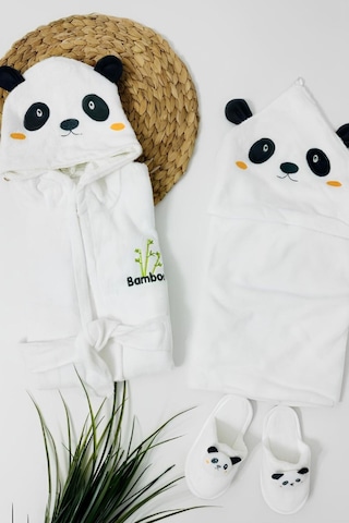 Panda Desenli Bebek Bornoz Seti Beyaz - Siyah