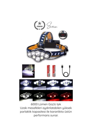 Kafalambası Usb Şarjlı Kafa Lambası 8 Led 8 Modlu 6000 Lümen Su Geçirmez Profesyonel Kafa Feneri Co Çok Renkli