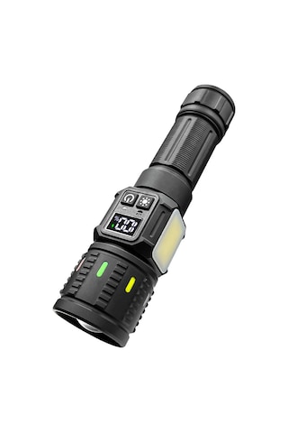 Geeksen 20w Usb Type-c Şarjlı 2000lm Led Feneri, 500m Menzil, Çift Işık Kaynağı Beyaz Lazer+cob , Teleskopik Yakınlaştırma, 9 Seviye Parlaklık, Alüminyum, 26650 Pil Siyah