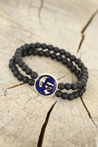 Atatürk Portre Figürlü Lacivert Metal Aksesuarlı Siyah Oniks Doğal Taş Erkek Bileklik Çok Renkli