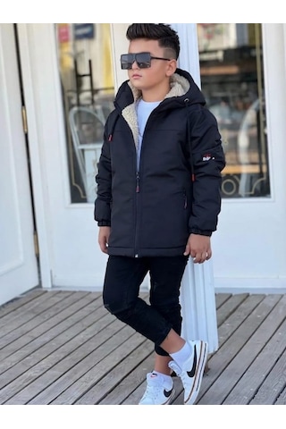 Pina Kids Erkek Çocuk Çıkarılabilir Kapüşonlu Kürklü Oversize Kışlık Mont Km4050 Siyah