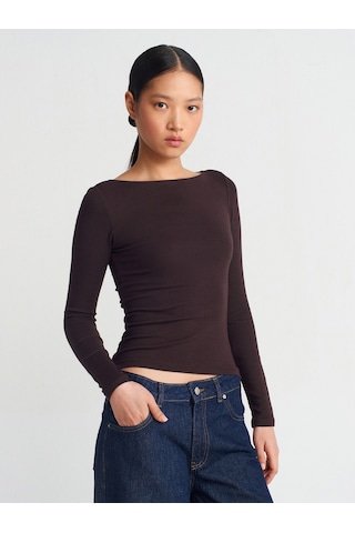 Dilvin 31332 Kayık Yaka Uzun Kollu Top-koyu Kahve Koyu Kahve