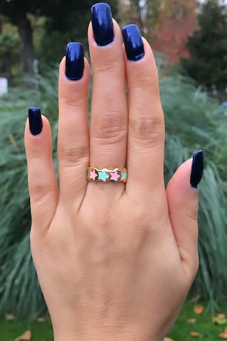 Niki Aksesuar Mineli Pembe-mint Yeşili Yıldızlı Ayarlanabilir Altın Yüzük Pembe - Mint Yeşili