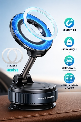 Magnetpro 360 Ayarlanabilir Araç İçi Masa Üstü Vakumlu Mıknatıslı Magsafe Telefon Tutucu Siyah Siyah