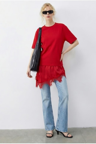 Shade Kadın Asimetrik Dantelli Etek Uclu Oversize T-shirt 8716 60283956 - Kırmızı