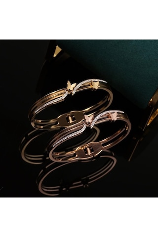 Novahub Altın Kızlar İçin Kırmızı Kelebek Titanyum Çelik Bilezik - Solmaz Moda Bilezik Kadınlar İçin Altın Renk Altın