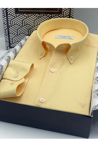 Slim Fit Uzun Kol Pamuklu Hediye Kutulu Kolay Ütülenebilir Erkek Gömlek Fs-002225 - Sarı-2808