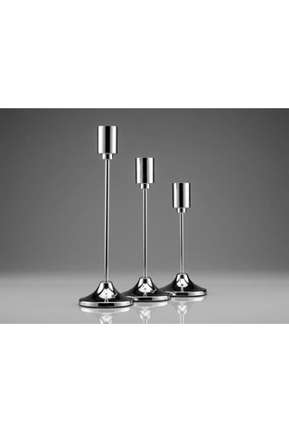 3'lü Metal Şamdan Seti Gümüş Renk Şamdanlık Klasik Mumluk Seti 16-19-22 Cm Şeffaf