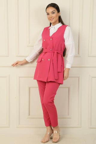 By Saygı 6 Düğmeli Sahte Cepli Kuşaklı Yelek Beli Lastikli Dar Paça Pantolon 2'li Takım Fuşya