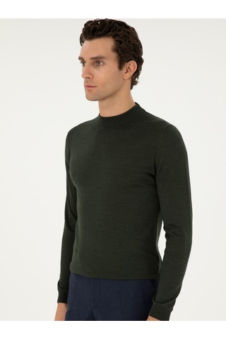 Cacharel Haki Slim Fit Yün Karışımlı Çeyrek Balıkçı Yaka Basic Triko Kazak Yesıl