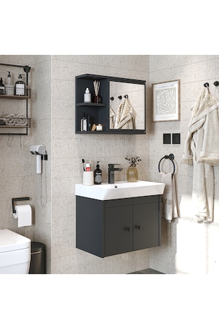 Lavabolu Mat Suntalam 60 Cm Banyo Dolabı, Aynalı Üst Dlp Antrasit