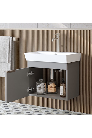 Likya Tek Kapaklı Lavabolu 59 Cm Banyo Dolabı Alt, Lavabolu Banyo Alt Dolabı Kül Gri