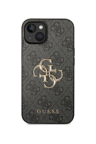 Apple Uyumlu iPhone 14 Kılıf Guess Pu Deri Büyük Metal Logo Dizaynlı Kapak Gri