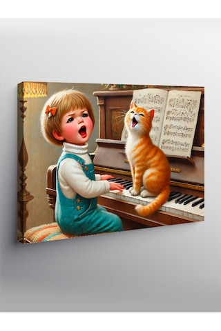 Kanvas Tablo Piyanist Kız Ve Kedi 100cmx140cm
