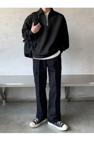 Genius Store Polo Yaka Yarım Fermuar Oversize Erkek Sweatshirt - Siyah