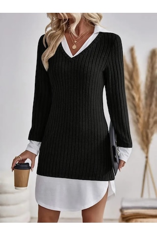 Kadın Uzun Kollu Yakalı Şardonlu Kaşkorse Dokuma Detaylı Elbise Siyah