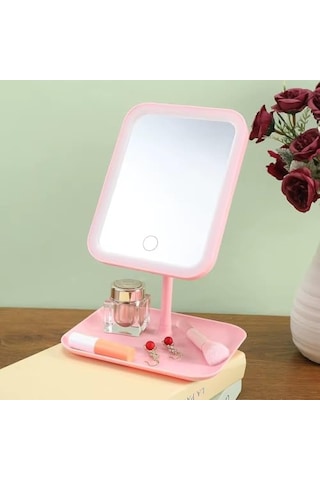 Led Işıklı Ayarlabilir Makyaj Aynası, Usb Şarj Edilebilir, 3 Işık Fonksiyonu, Parlaklık Ayarlı Ve Organizer Tabanlı Taşınabilir Kozmetik Ayna- Pembe Açık Bej