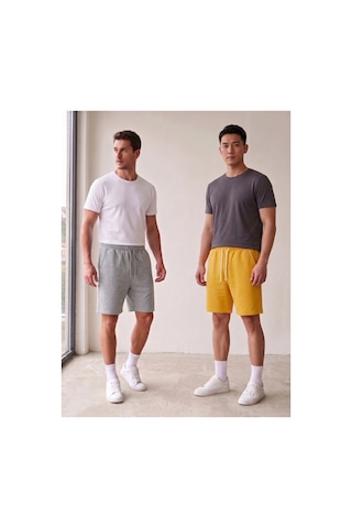 Machi Makiteks Gri Sarı İkili Rahat Kesim Beli Lastikli Cepli Penye Şort Günlük Basic Rejenere Sweat Bermuda Gri - Sarı