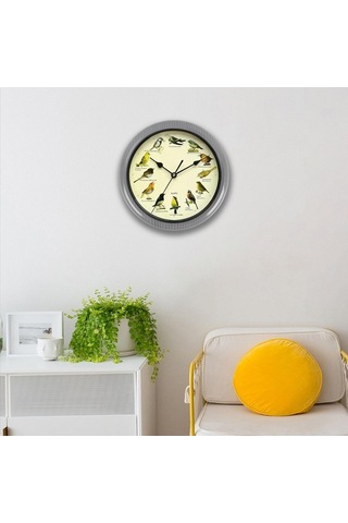 Pazly Suntek Ses Saati Pille Müzikal Kuşlar Gri-25cm Gri Duvar Çalışan 25cm Bz Çok Renkli