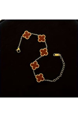 Çelik Bileklik Dört Yapraklı Küçük Yonca Bordo Sedef Taşlı Uzunluk 18 Cm Gold Altın - Gold