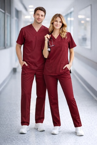 Likralı Hemşire Doktor Forması Premium Belinda Soft Kumaş Scrubs Hastane Üniforması Cerrahi Takım Bordo