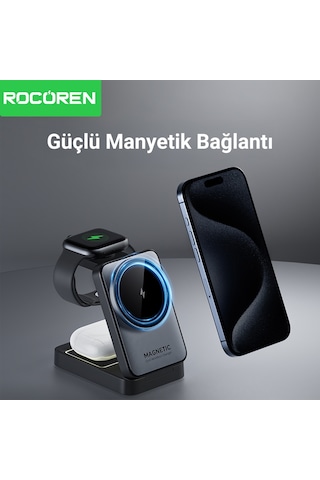 Rocoren 3 Ü 1 Arada Apple Uyumlu iPhone Airpods Watch Magsafe Kablosuz Şarj Cihazı Stand