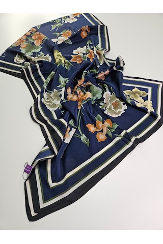 Miorel Scarfs Yeni Sezon Çiçek Desen Vual İpek Şal Fular Silk Scarfs Shawl Hijab Lacivert