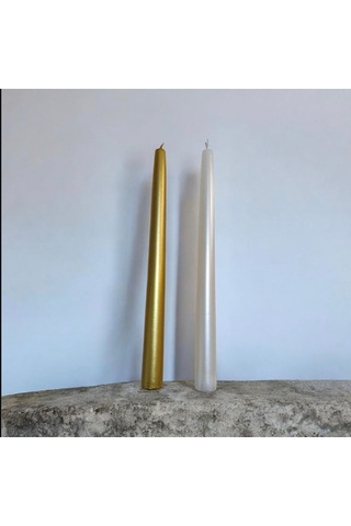 Denic 2 li Metalik Gold ve İnci Beyaz Şamdan Mum Konik Mum