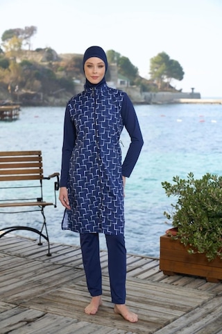 Estiva 25944 Lacivert Fermuarlı Geometrik Desenli Tam Boy Tesettür Mayo Lacivert