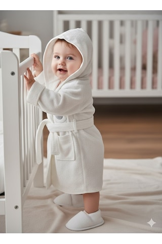 Kuzu Nakışlı 2'li Ekru Bornoz Ve Terlik Ekru