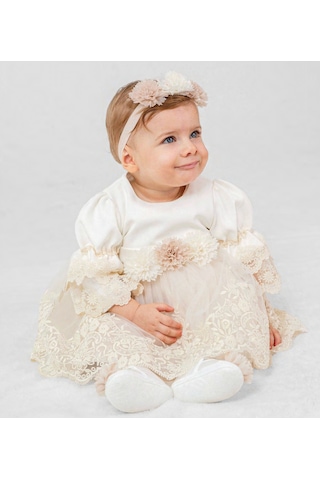 Pugi Baby Kız Bebek Şık Dantelli Mevlüt / Özel Gün Elbisesi Bej