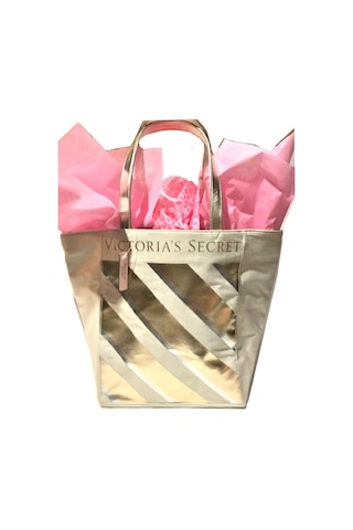 Victoria's Secret Vs Krem Gold Çizgi Desenli Kanvas Tote Omuz Çantası Altın