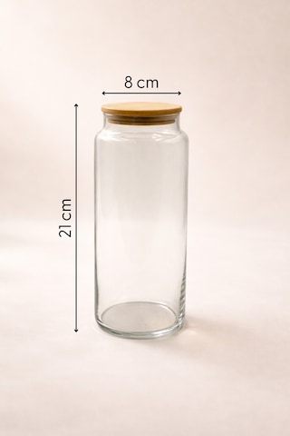 Fiona - 12'li Vakumlu Bambu Kapaklı Büyük Boy 1400 Ml Kavanoz Takımı Şeffaf