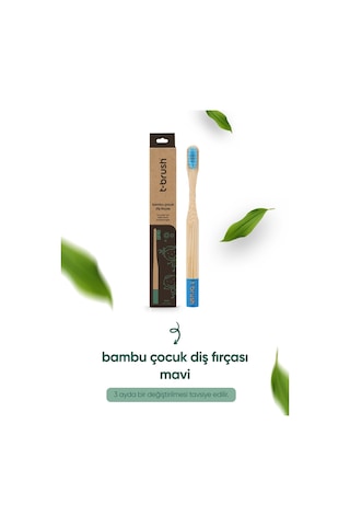 Tbrush Mavi Doğal Bambu Vegan Çocuk Diş Fırçası - Soft (yumuşak) + Paslanmaz Çelik Dil Temizleyici