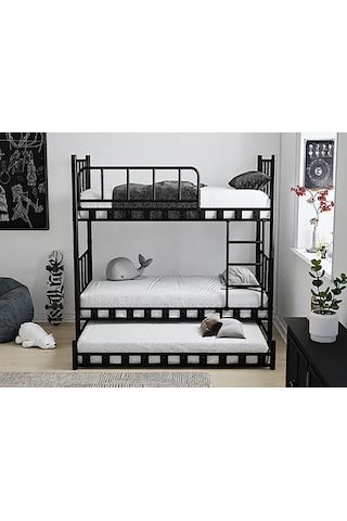 Zambak Yavrulu Genç Çocuk Odası Metal Ranza Ve Karyola - 90 X 200 Cm - Siyah 90 x 200