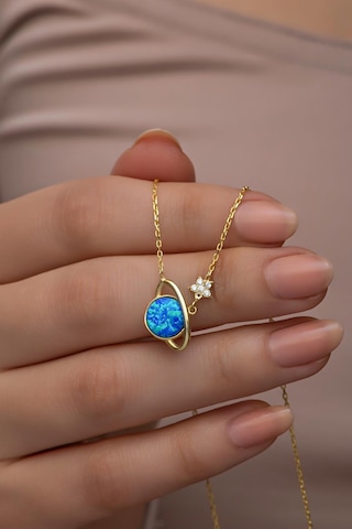 Nereze 925 Ayar Gümüş Gold Kaplama Mavi Opal Taşlı Gezegen Kolye