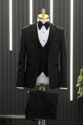 Slimfit Skinny Kesim Desenli Sivri Sabit Yaka Yelekli Papyonlu Smokin Takım Elbise 001