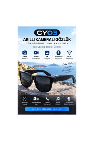 Cy03 Akıllı Kameralı Gözlük 8 Mp 1080p Video Kayıt Bluetooth Wifi Aı Çeviri Destekli