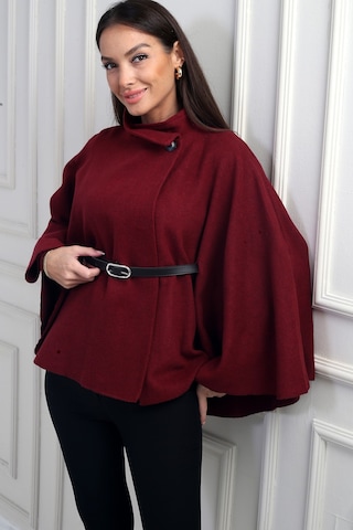 By Saygı Kadın Düğmeli Beli Kemerli Kaşe Panço Bordo