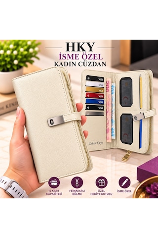 HKY Çok Kullanışlı İsme Özel Kadın Cüzdan Bej