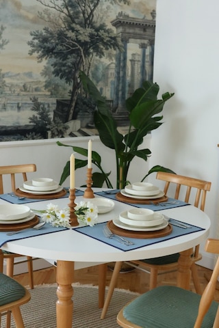 Yakacihome 4'lü Pera Mavi Biye Detaylı Duck Keten Yıkanabilir, Leke Tutmaz Supla Amerikan Servis Seti Mavi