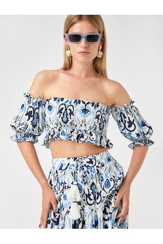 Koton Straplez Crop Bluz Mavi Desenli 2sak30143ew 2SAK30143EW03V