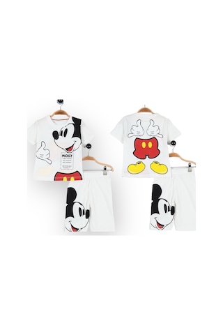 Lolliboomkids Yeni Sezon Unisex Beyaz Renk Üzeri Mickey Baskılı Sırt Detaylı Tshirt Şort Alt Üst Takım Beyaz